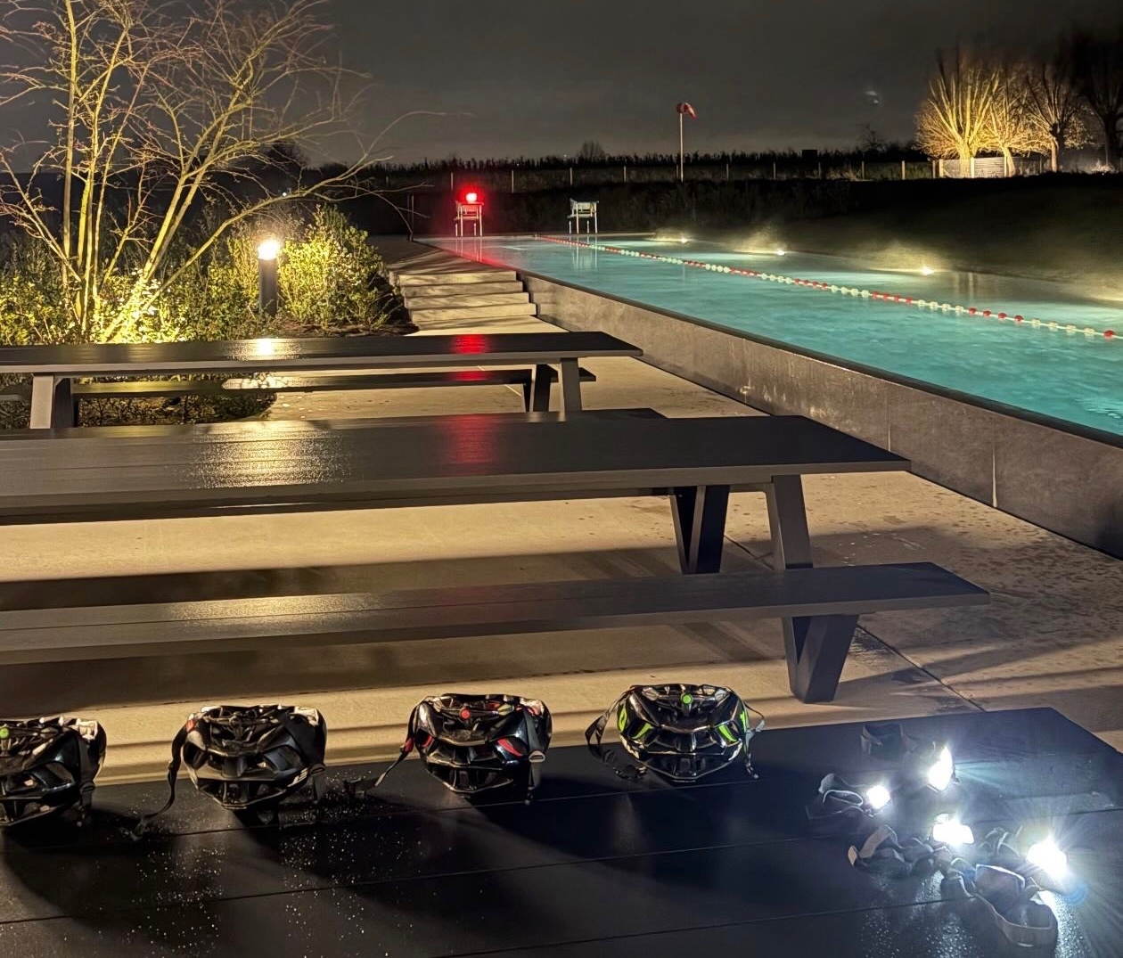 An evening view of the 25-metre outdoor swimming pool at Monte Marcella